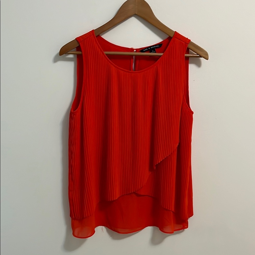 Zac & Rachel Tank Top Blouse size Sm Orange Asymmetrical Tiered Pleated Sheer